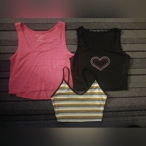 Lot Of 3 Like New Crop Tanks Pink American Eagle Stripe And Black Rhinestone XS